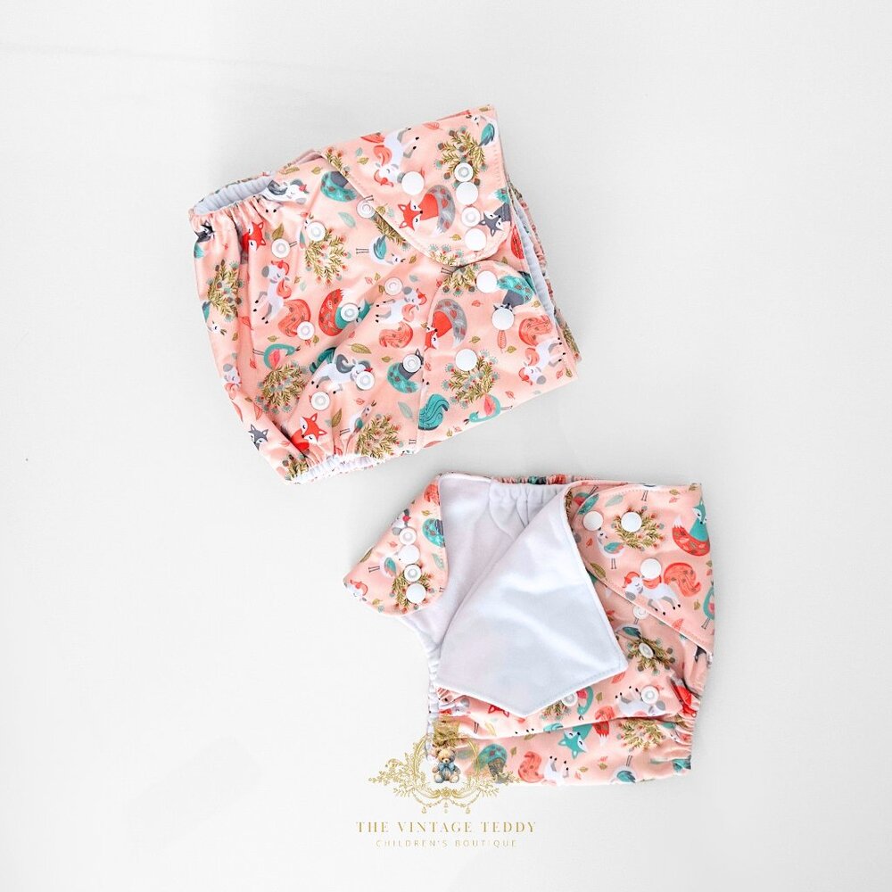 NWT Cute Baby Cloth Diapers Reusable Washable Little Fox & Friends Set of 4 OS